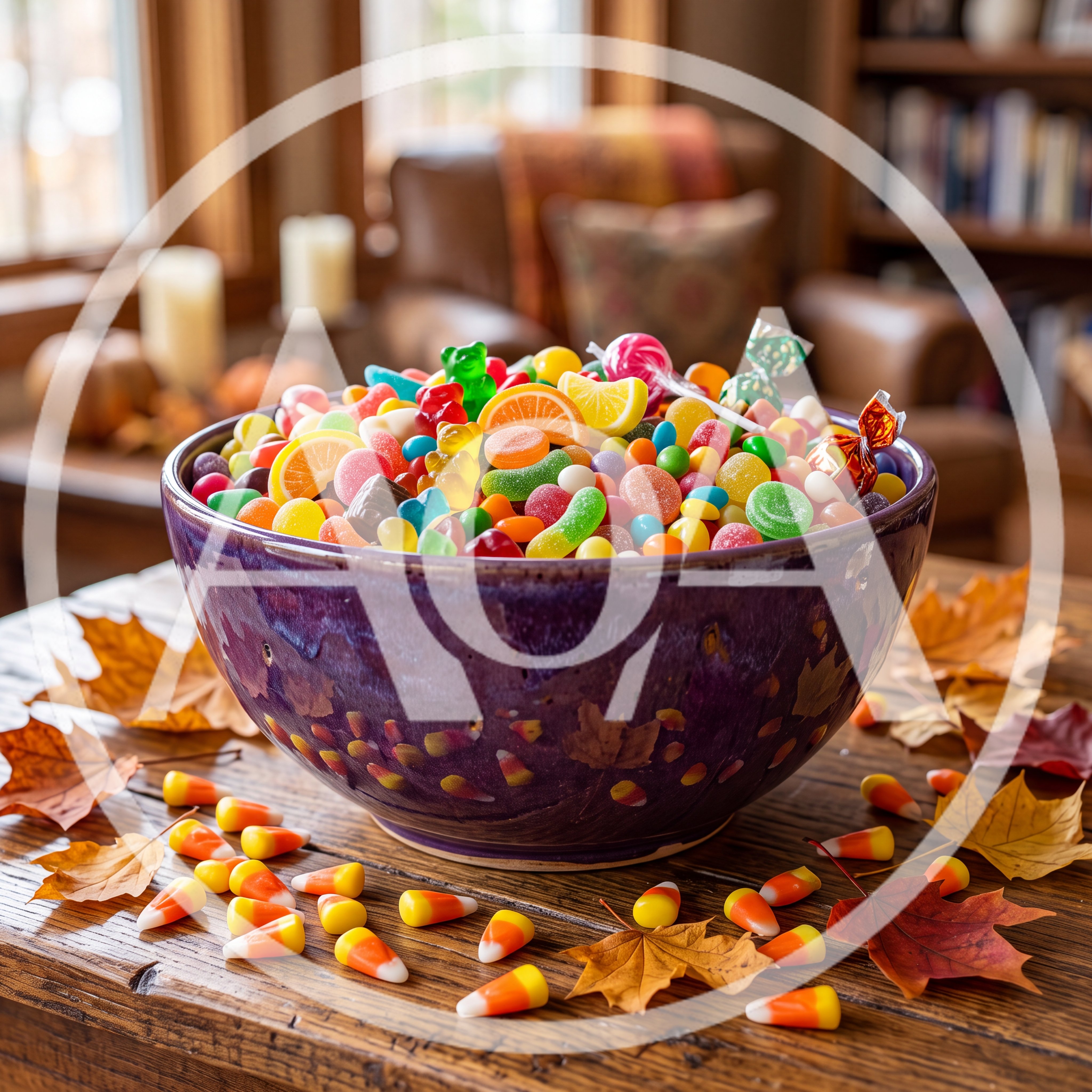 Bowl Of Assorted Halloween Candy On Wooden Table