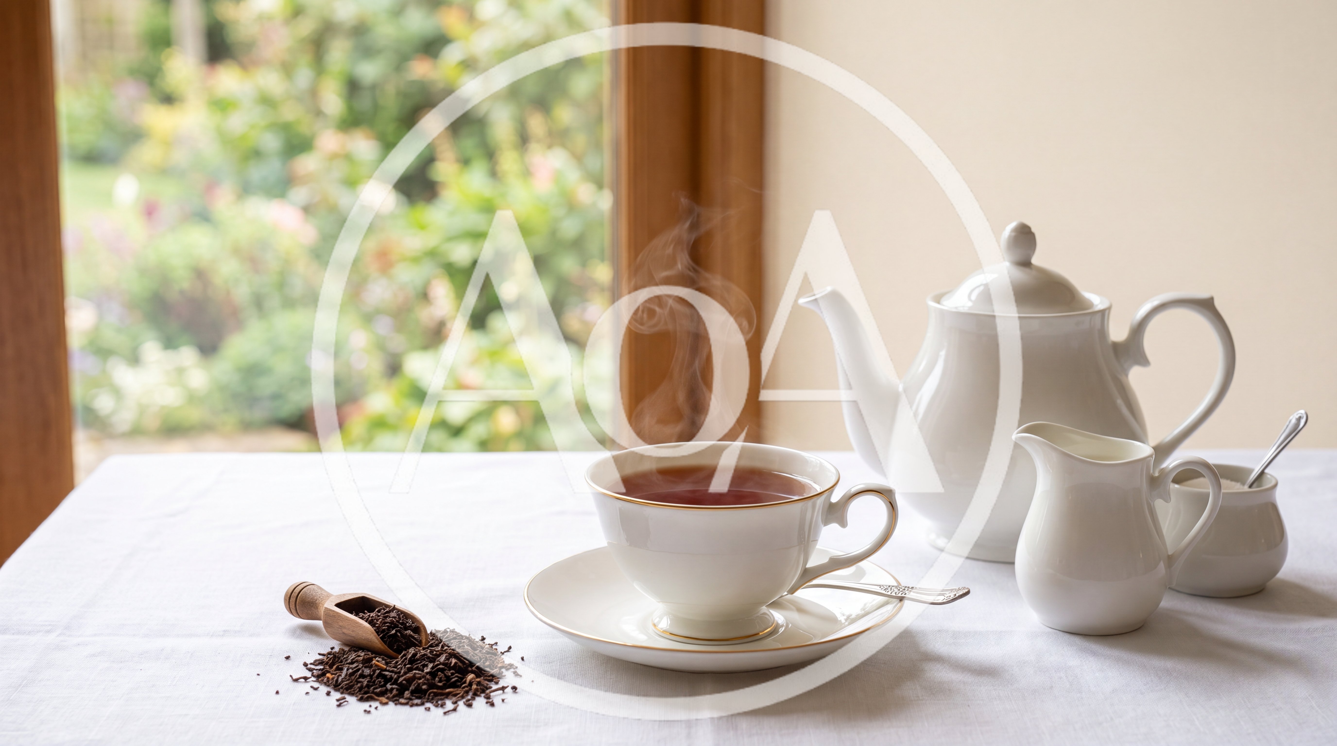 Steaming Cup Of Tea With Teapot And Loose Leaves