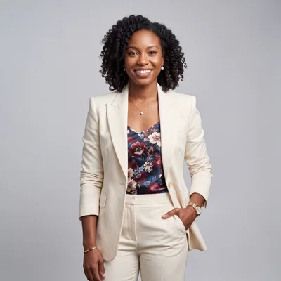 Professional Businesswoman Smiling In A Cream Suit
