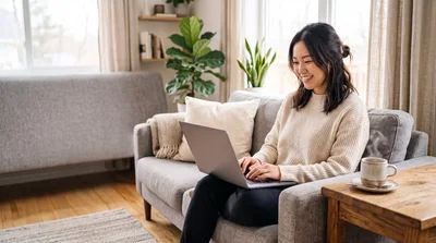 Young Asian Woman Working On Laptop At Home