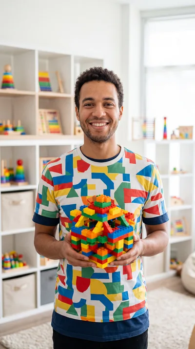 Young Man Holding A Colorful Lego Structure