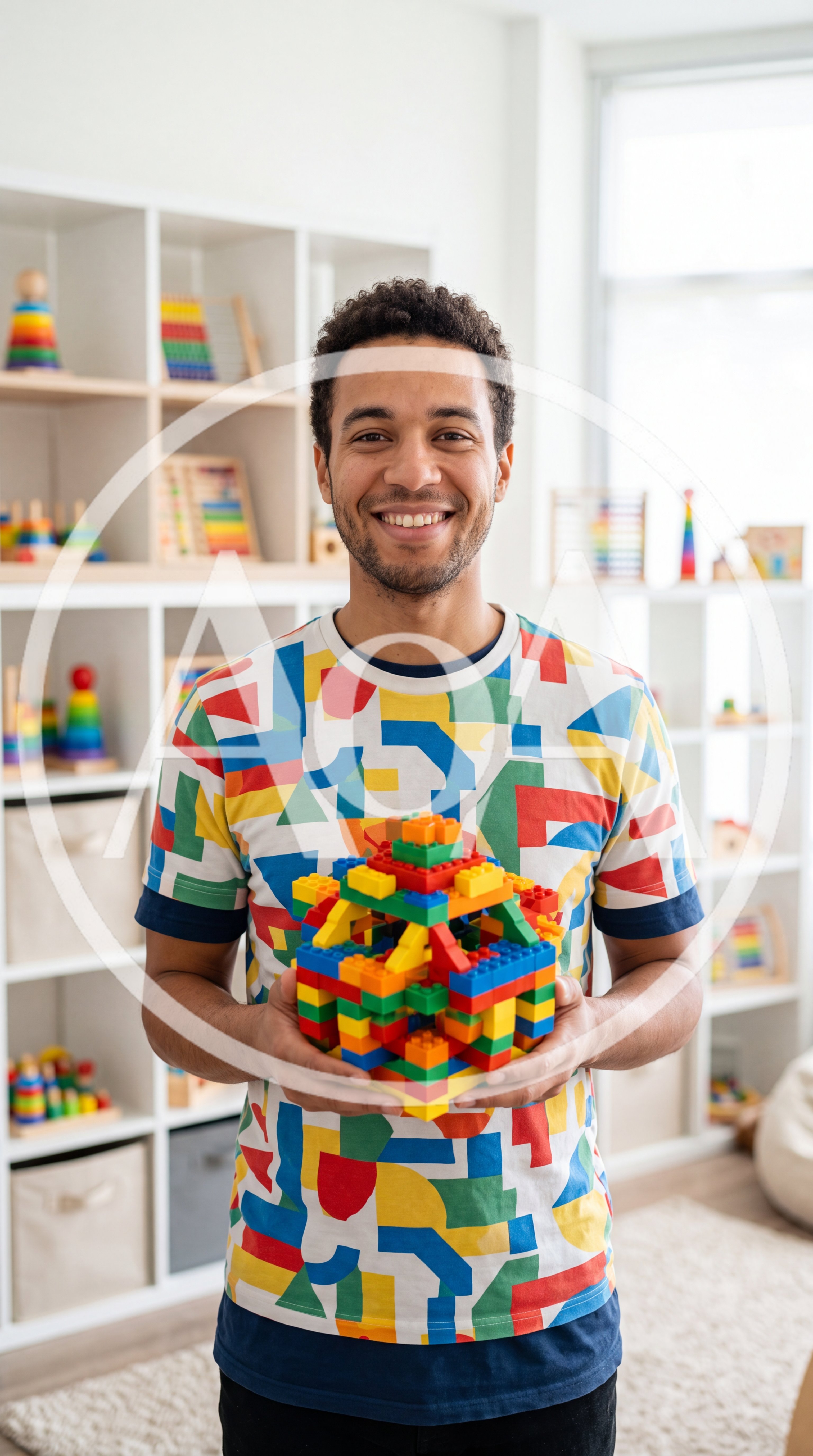Young Man Holding A Colorful Lego Structure