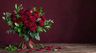 Bouquet of Red Roses on Wooden Table