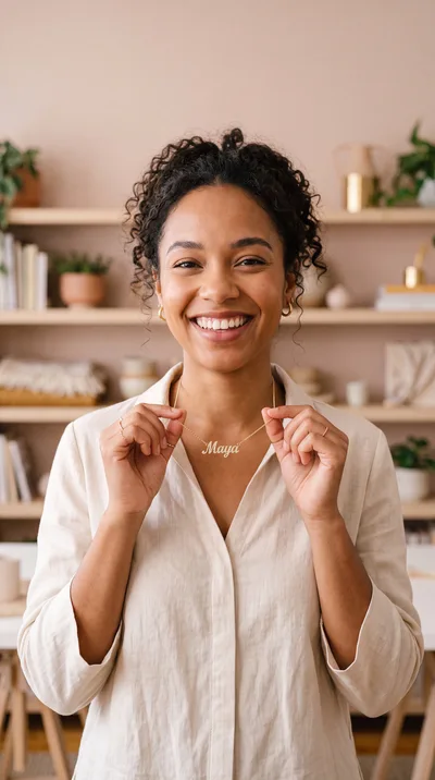 Smiling Woman Holding Her Personalized Name Necklace