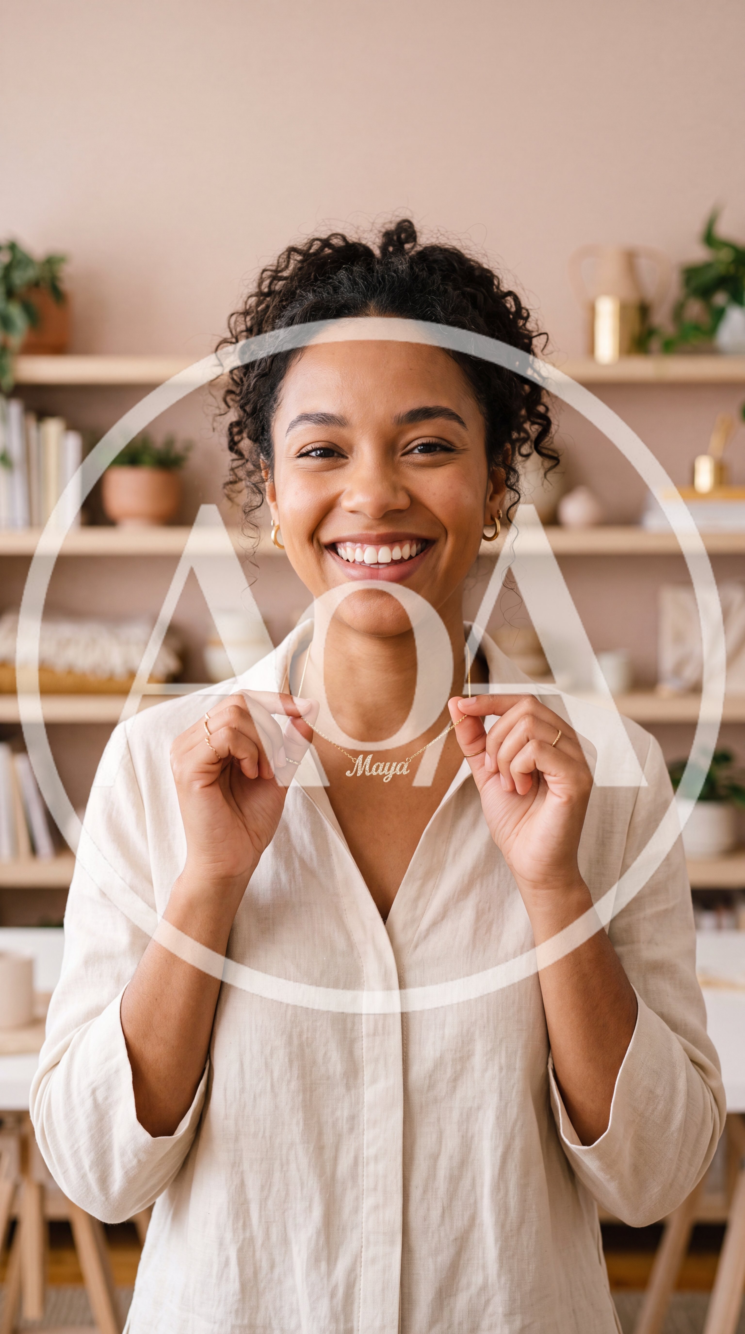 Smiling Woman Holding Her Personalized Name Necklace