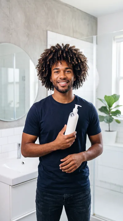 Young Man Holding Skincare Bottle in Bathroom