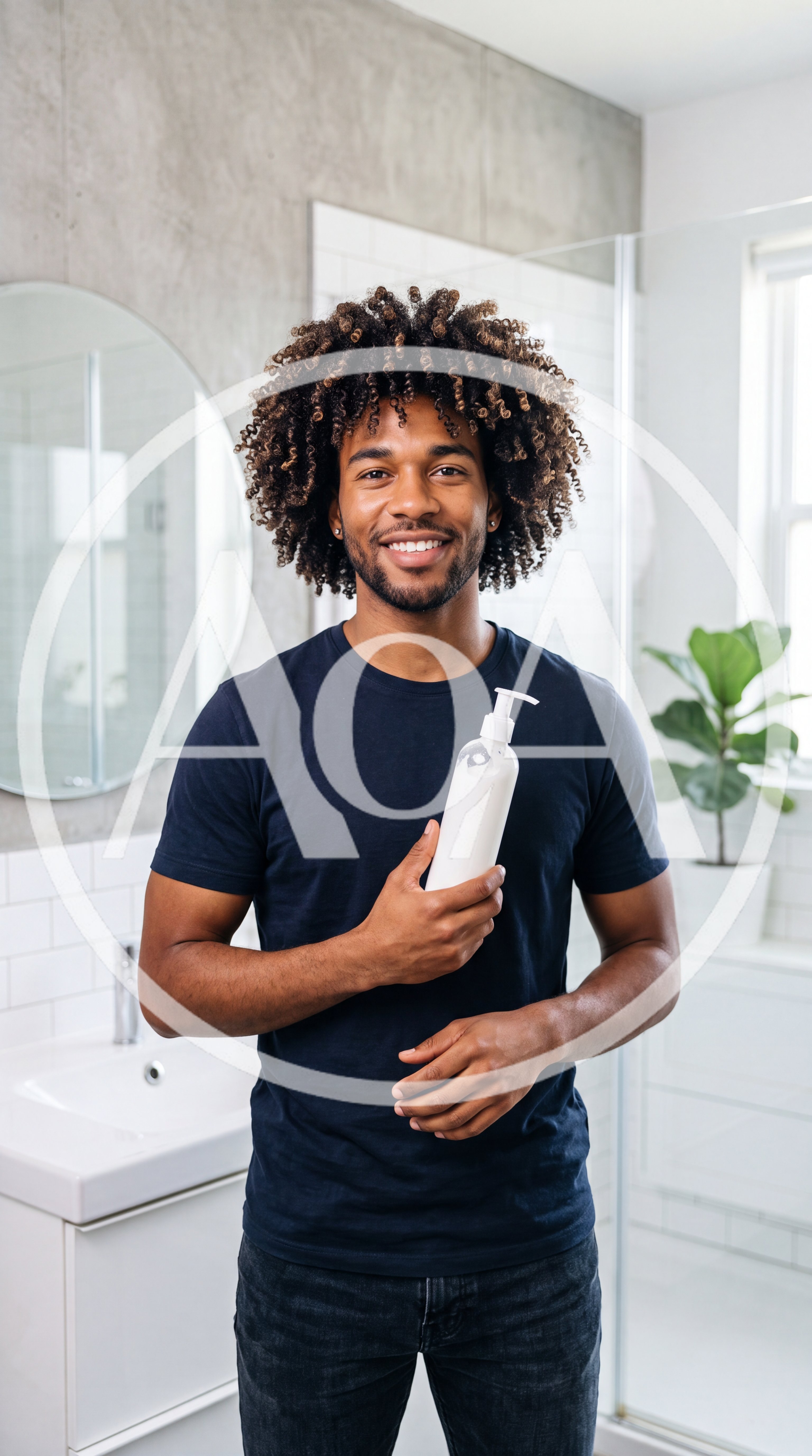 Young Man Holding Skincare Bottle in Bathroom