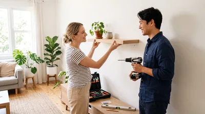 Couple Installing Floating Shelf Together