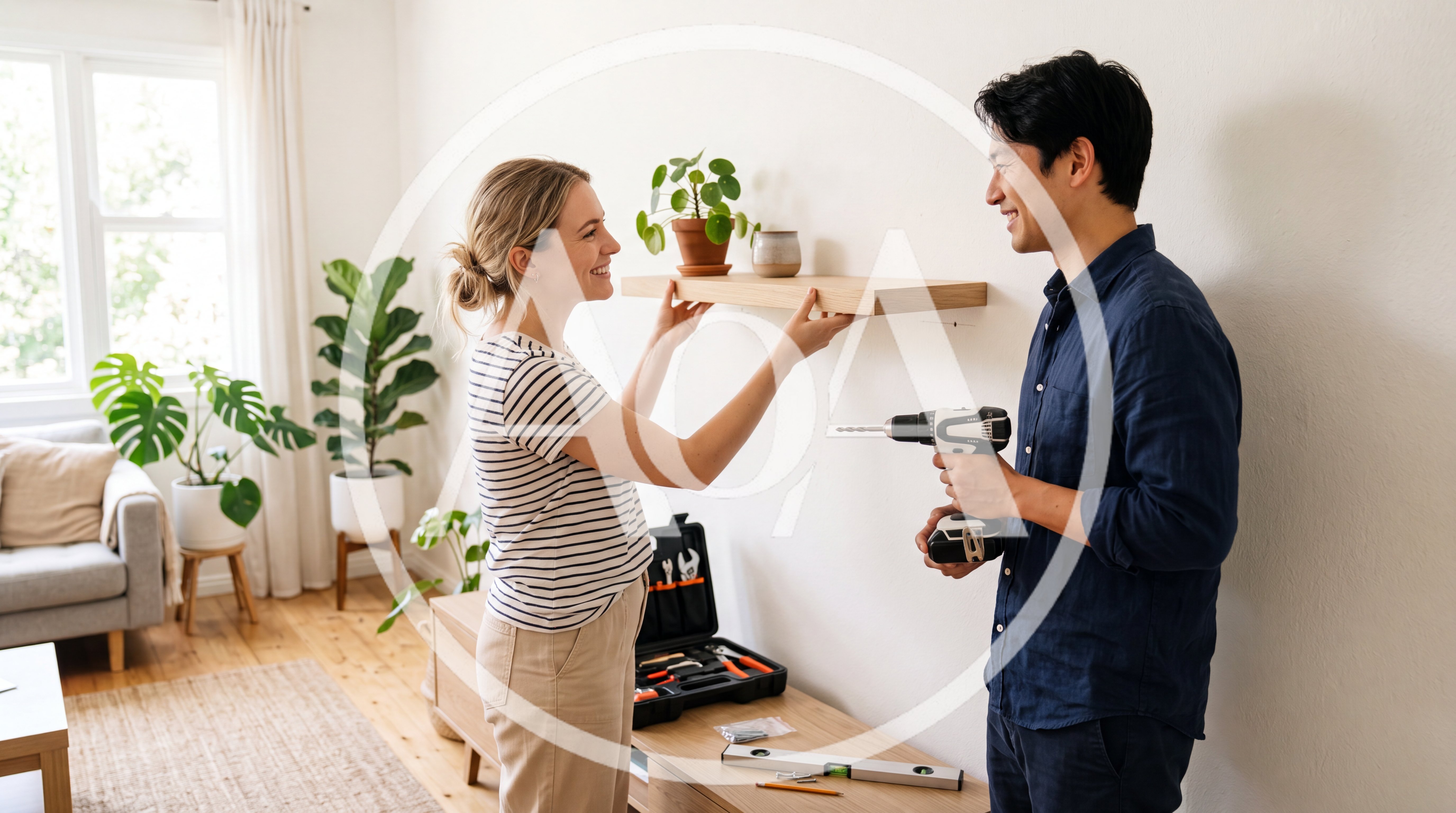 Couple Installing Floating Shelf Together