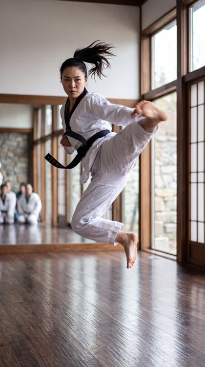 Female Martial Artist Performing A Jumping Side Kick