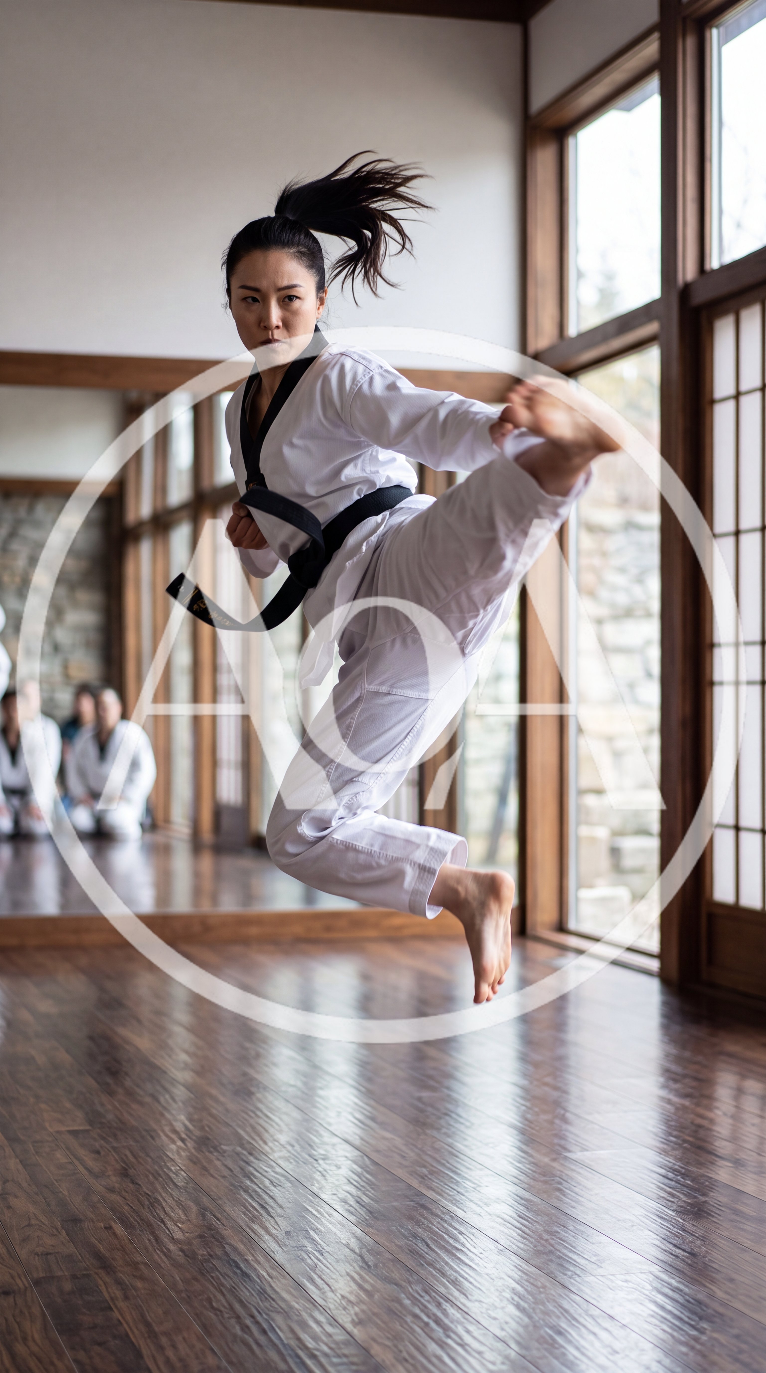 Female Martial Artist Performing A Jumping Side Kick