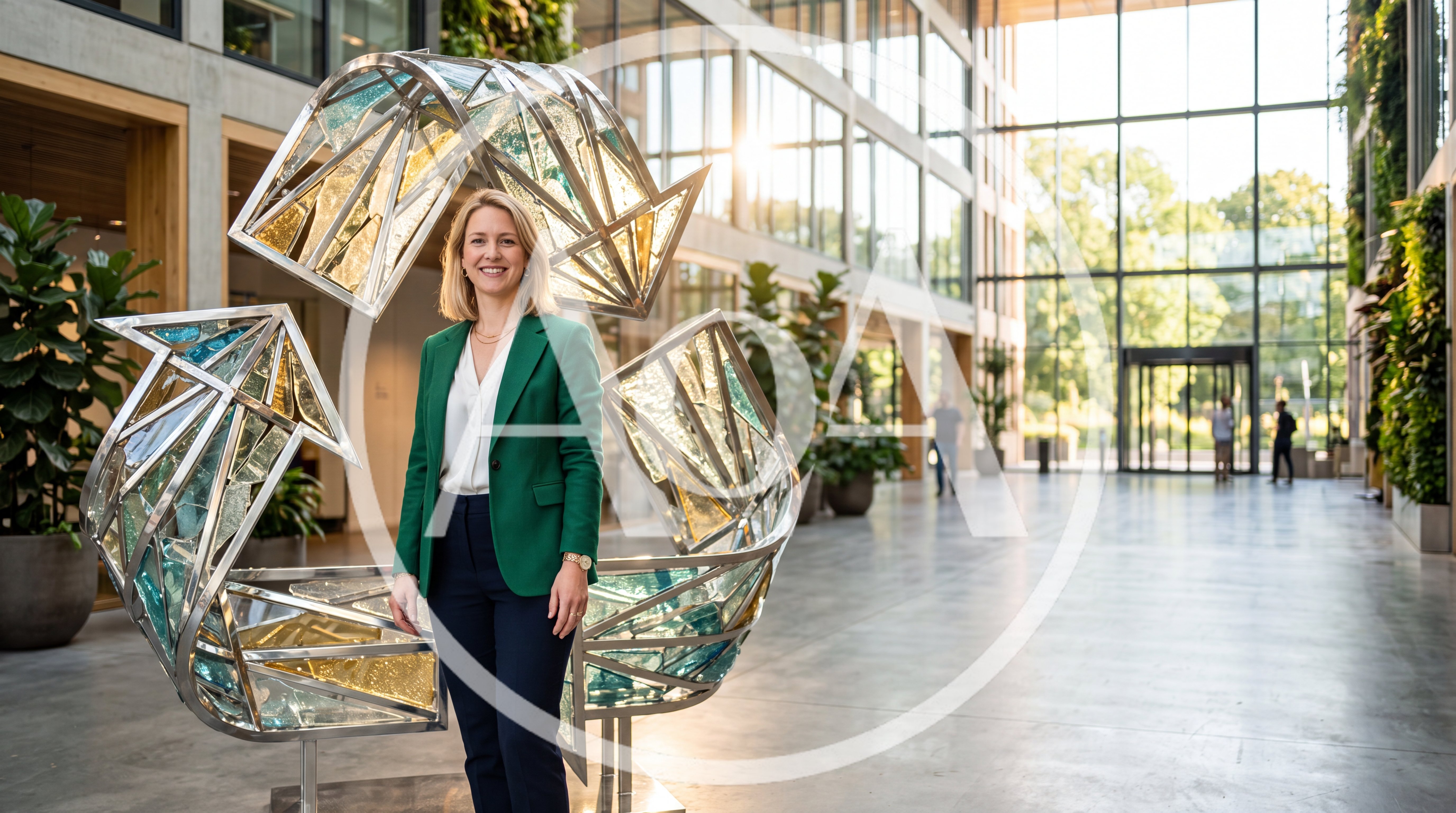 Professional Woman Standing Beside Large Modern Sculpture