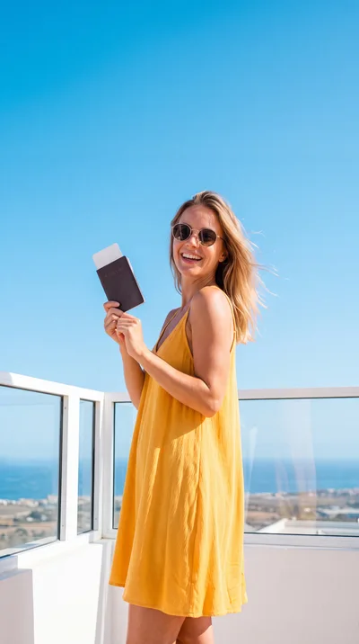Happy Woman Holding Passport And Boarding Pass On Balcony