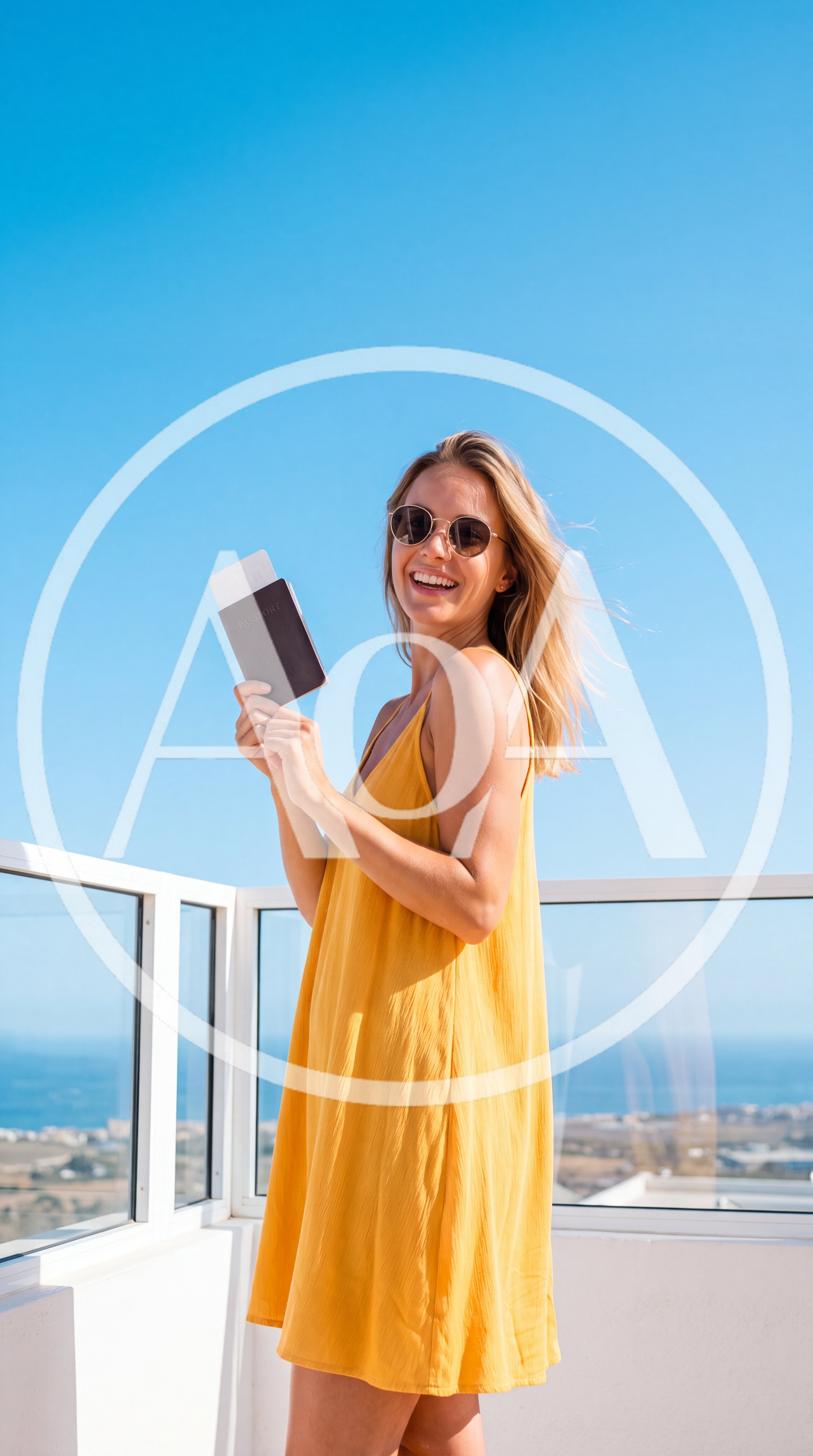 Happy Woman Holding Passport And Boarding Pass On Balcony