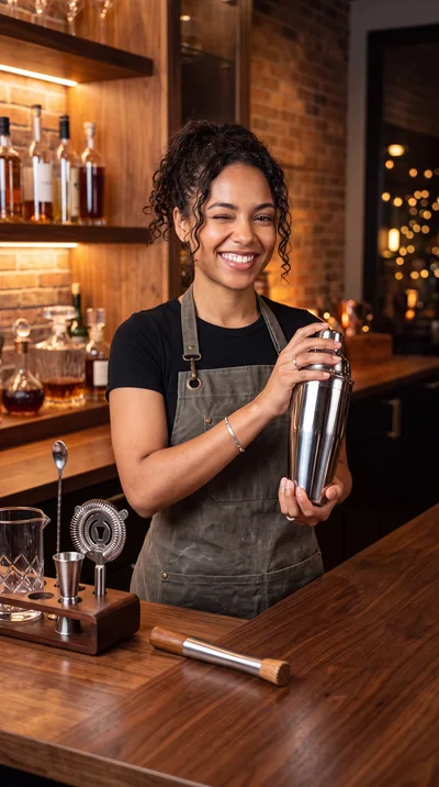 Smiling Female Bartender Preparing A Cocktail In A Bar