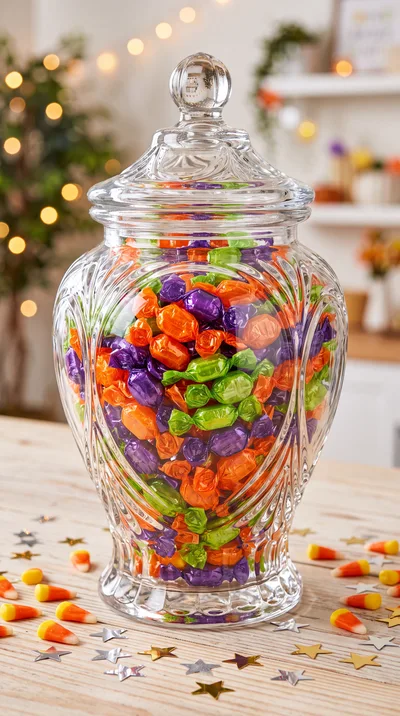 Glass Candy Jar Filled With Halloween Treats