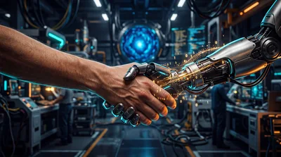 Human Hand Shaking Robotic Hand In Futuristic Laboratory