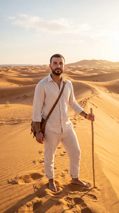 Young Man Standing Barefoot In The Sahara Desert