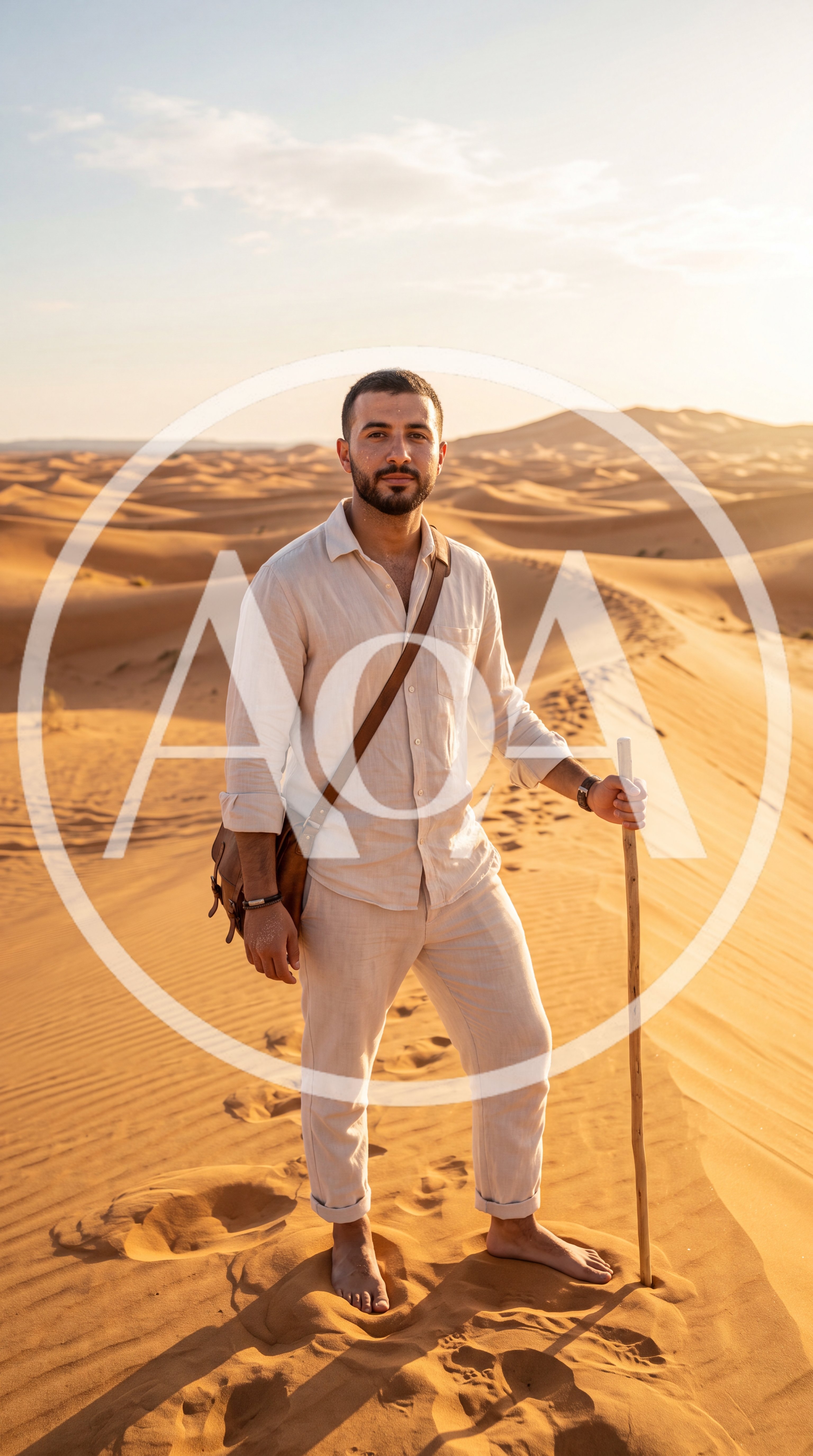 Young Man Standing Barefoot In The Sahara Desert