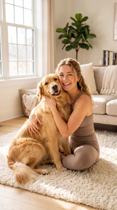 Young Woman Hugging Her Golden Retriever Dog