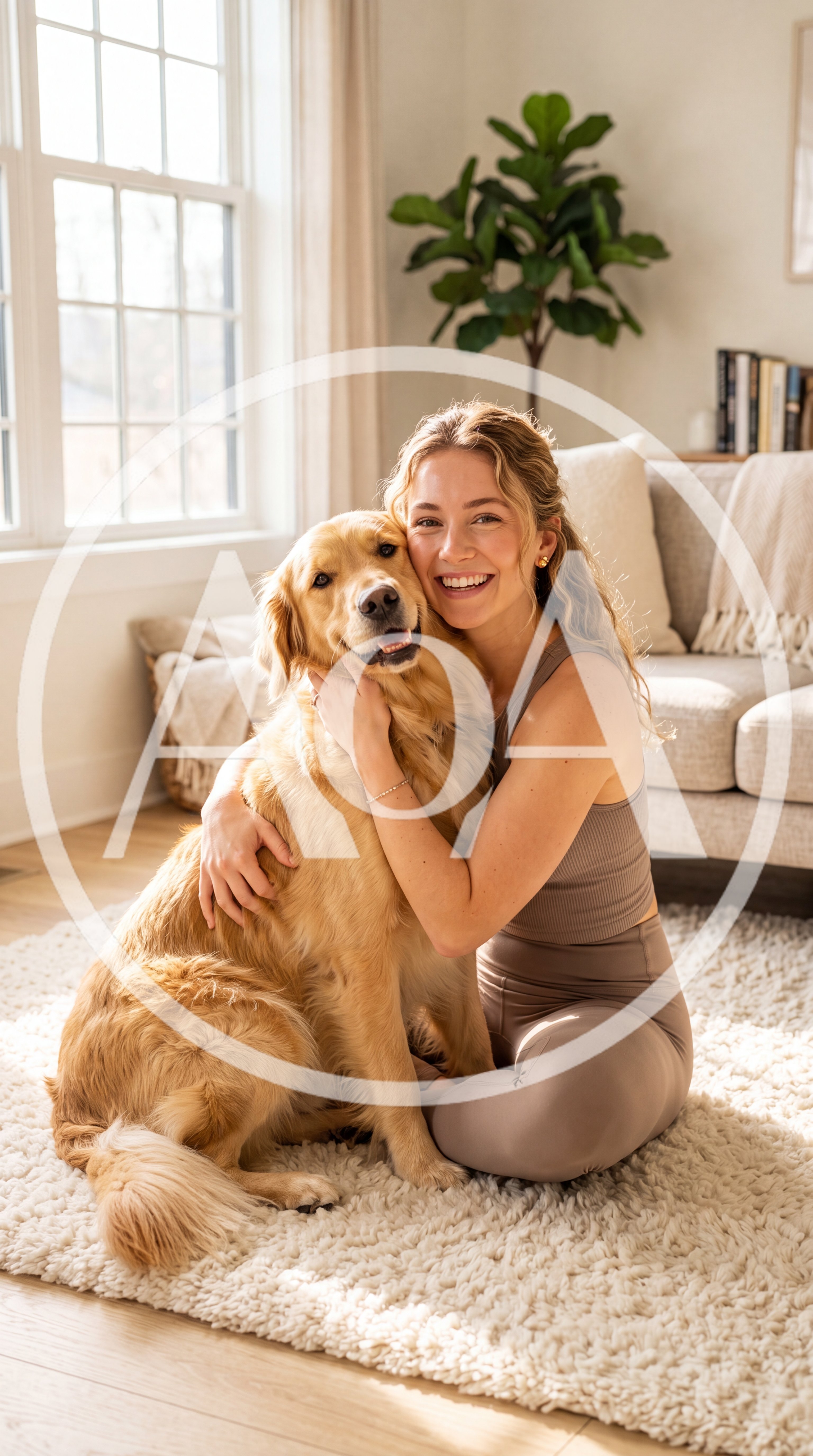 Young Woman Hugging Her Golden Retriever Dog