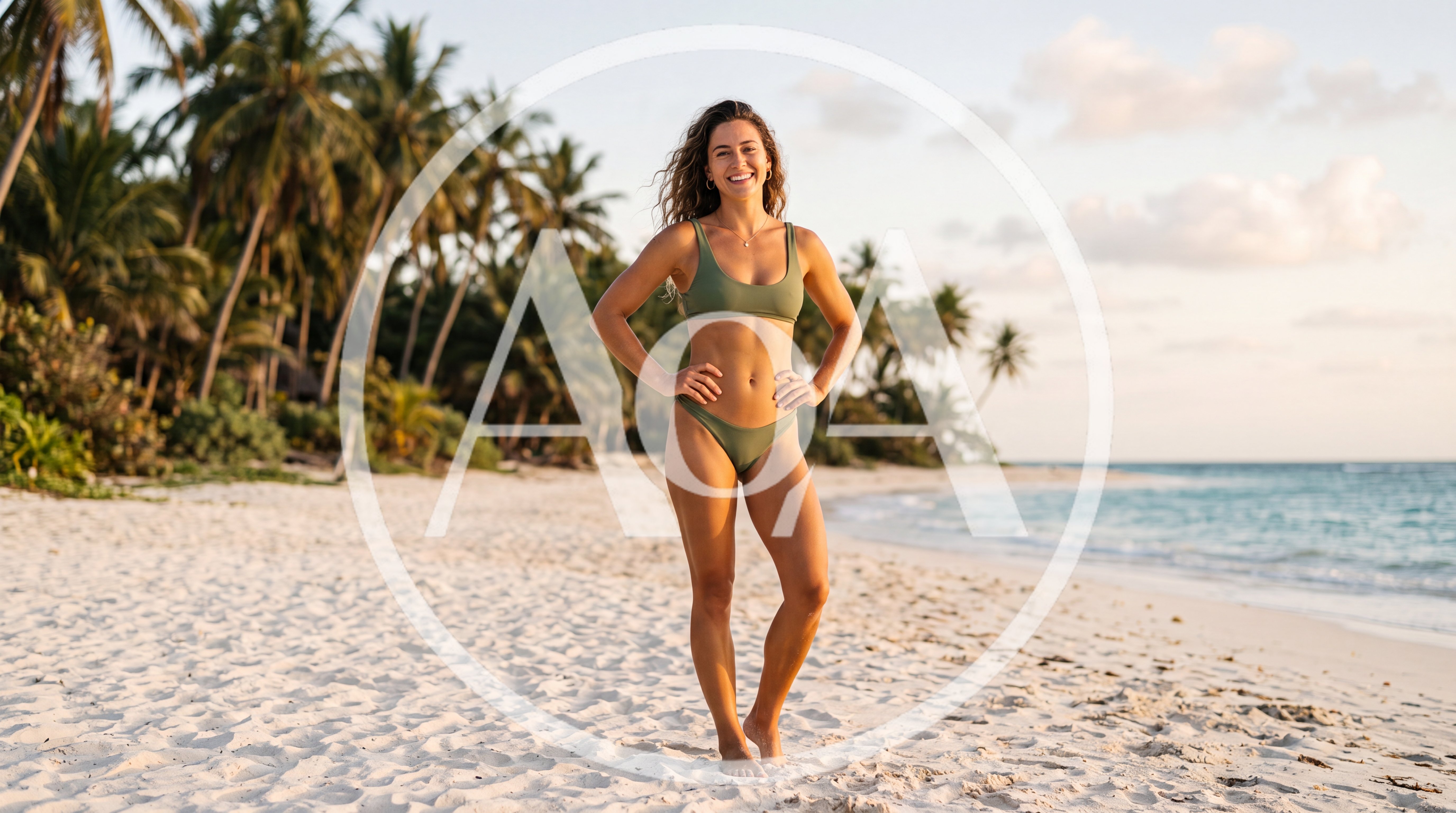 Smiling Woman Standing on Tropical Beach at Sunset