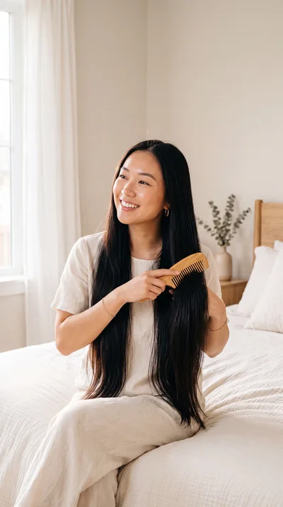 Young Asian Woman Brushing Long Hair In Bedroom