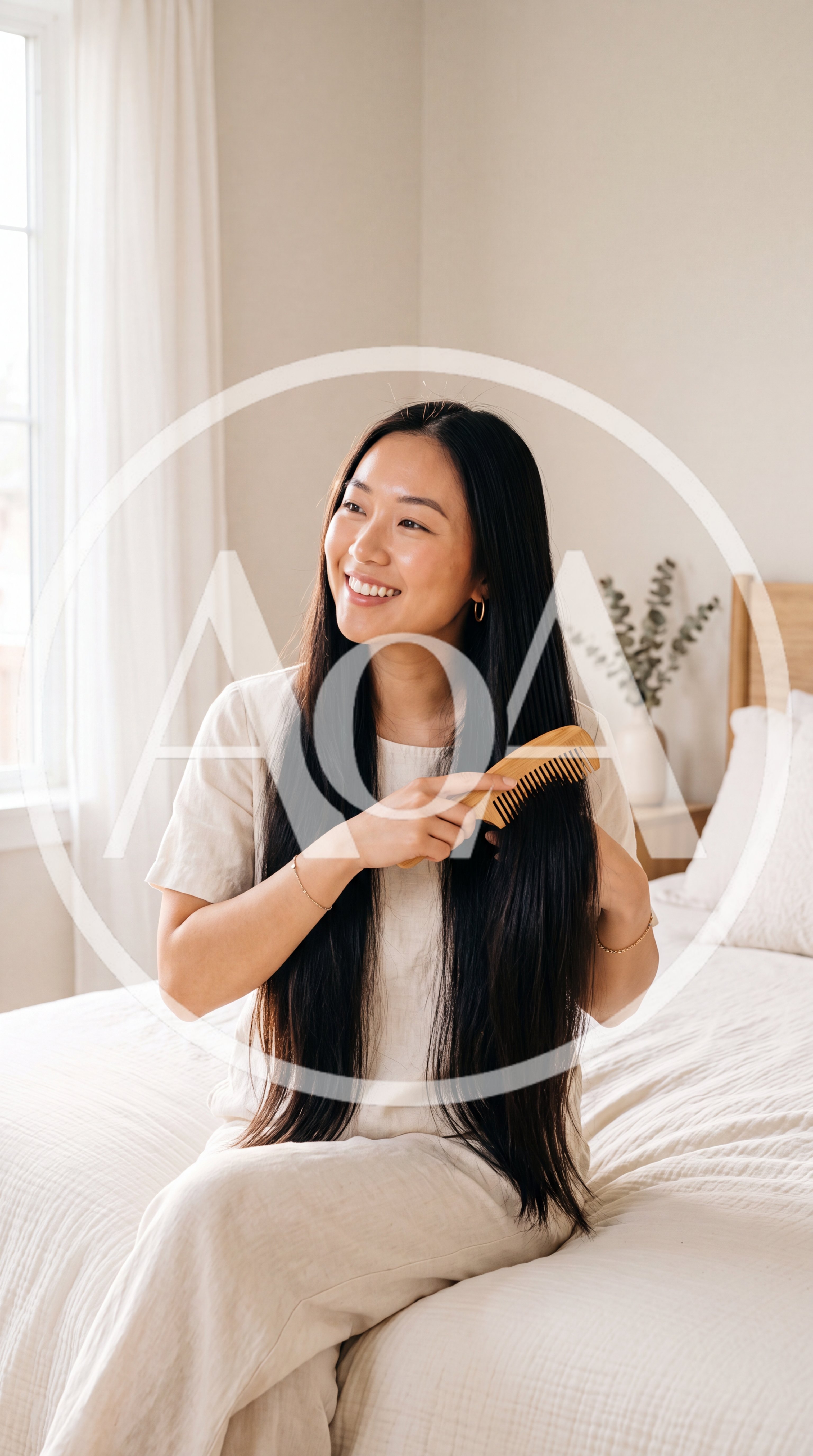 Young Asian Woman Brushing Long Hair In Bedroom
