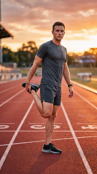 Athletic Man Stretching Leg on Running Track
