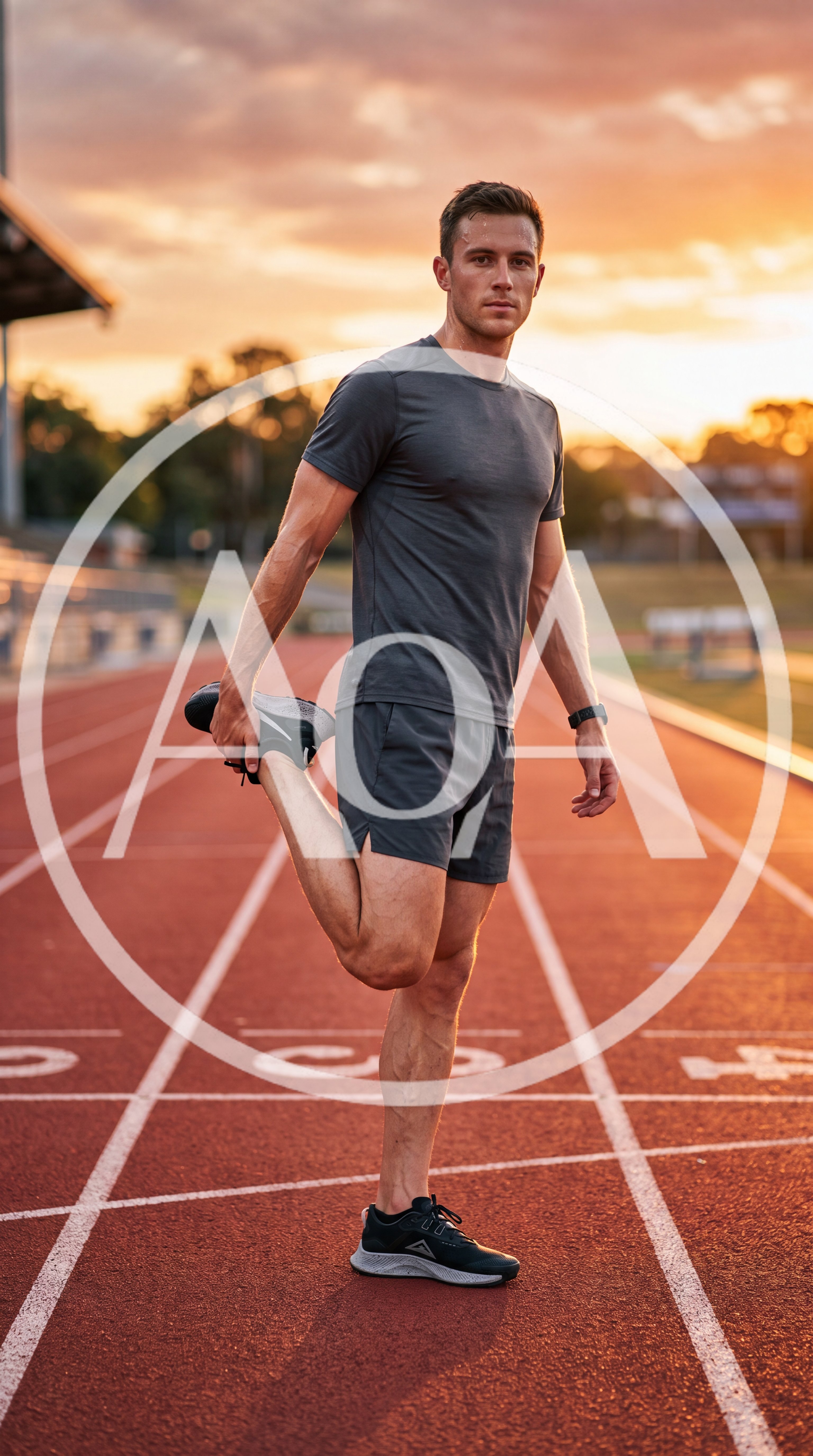 Athletic Man Stretching Leg on Running Track