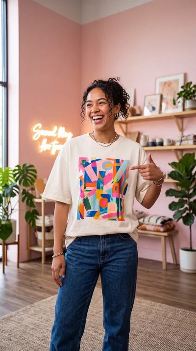 Happy Woman Pointing At Her Abstract Art T-Shirt