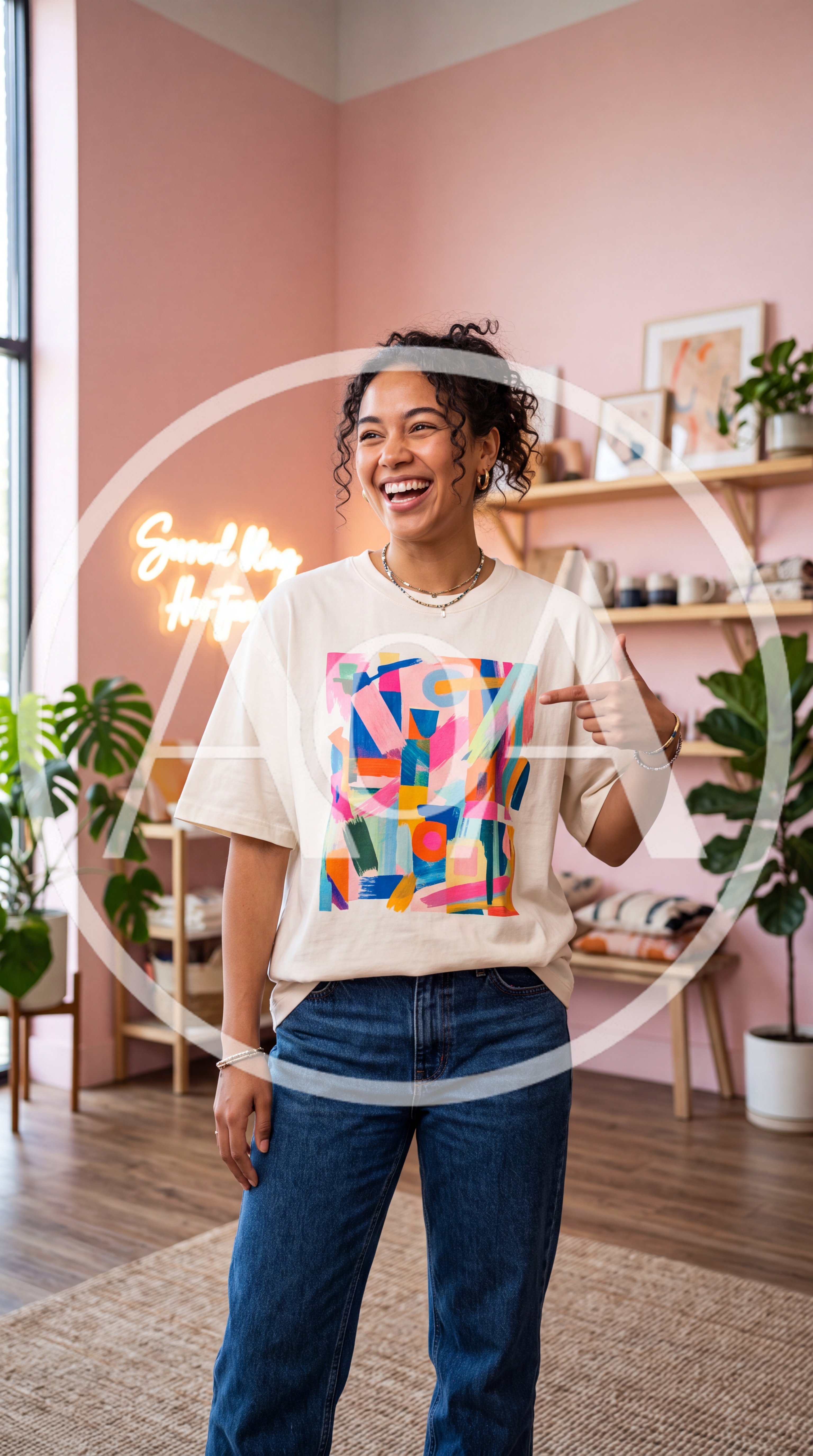 Happy Woman Pointing At Her Abstract Art T-Shirt
