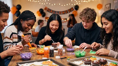 Diverse Friends Decorating Halloween Treats Together