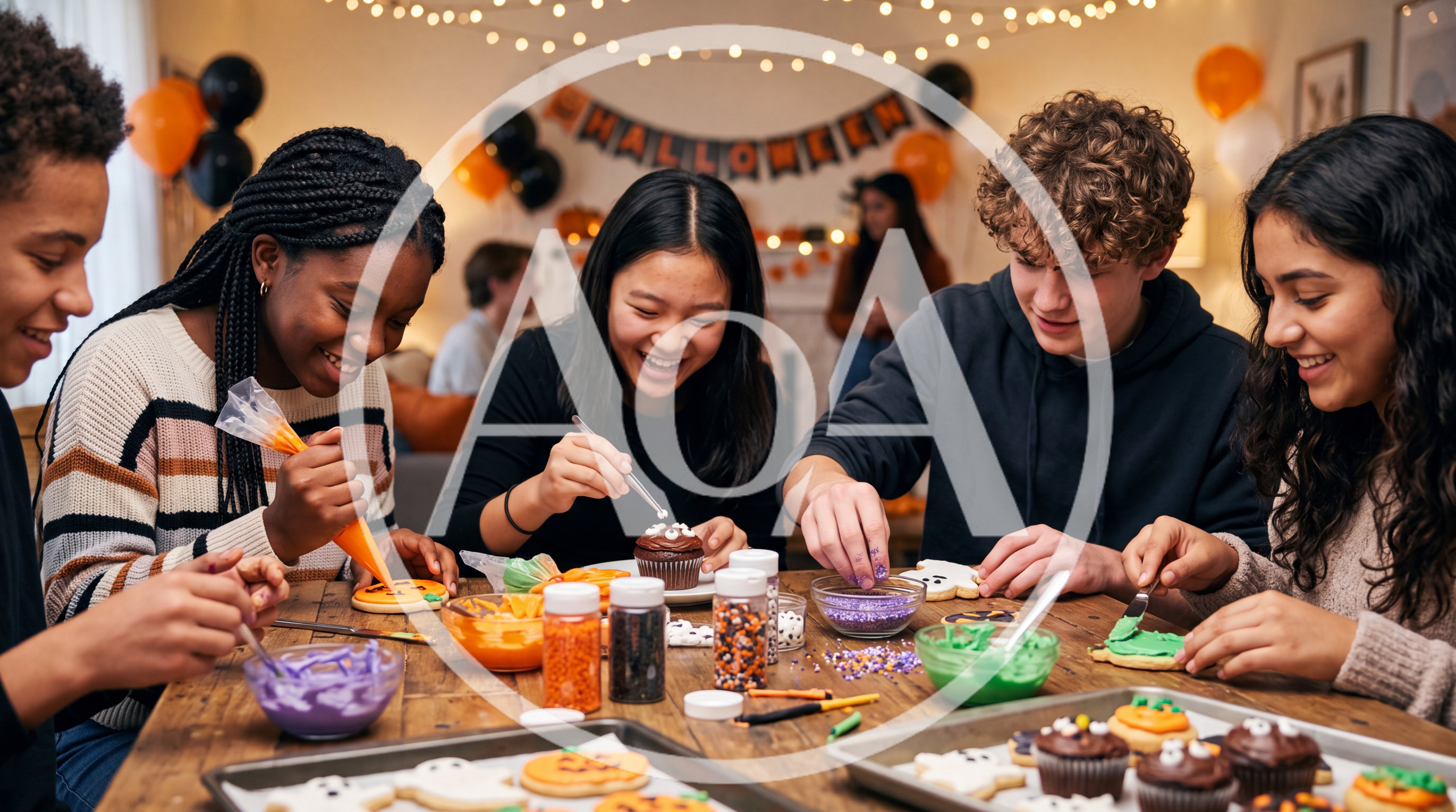 Diverse Friends Decorating Halloween Treats Together