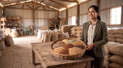 Businesswoman Presenting A Basket Of Assorted Grains