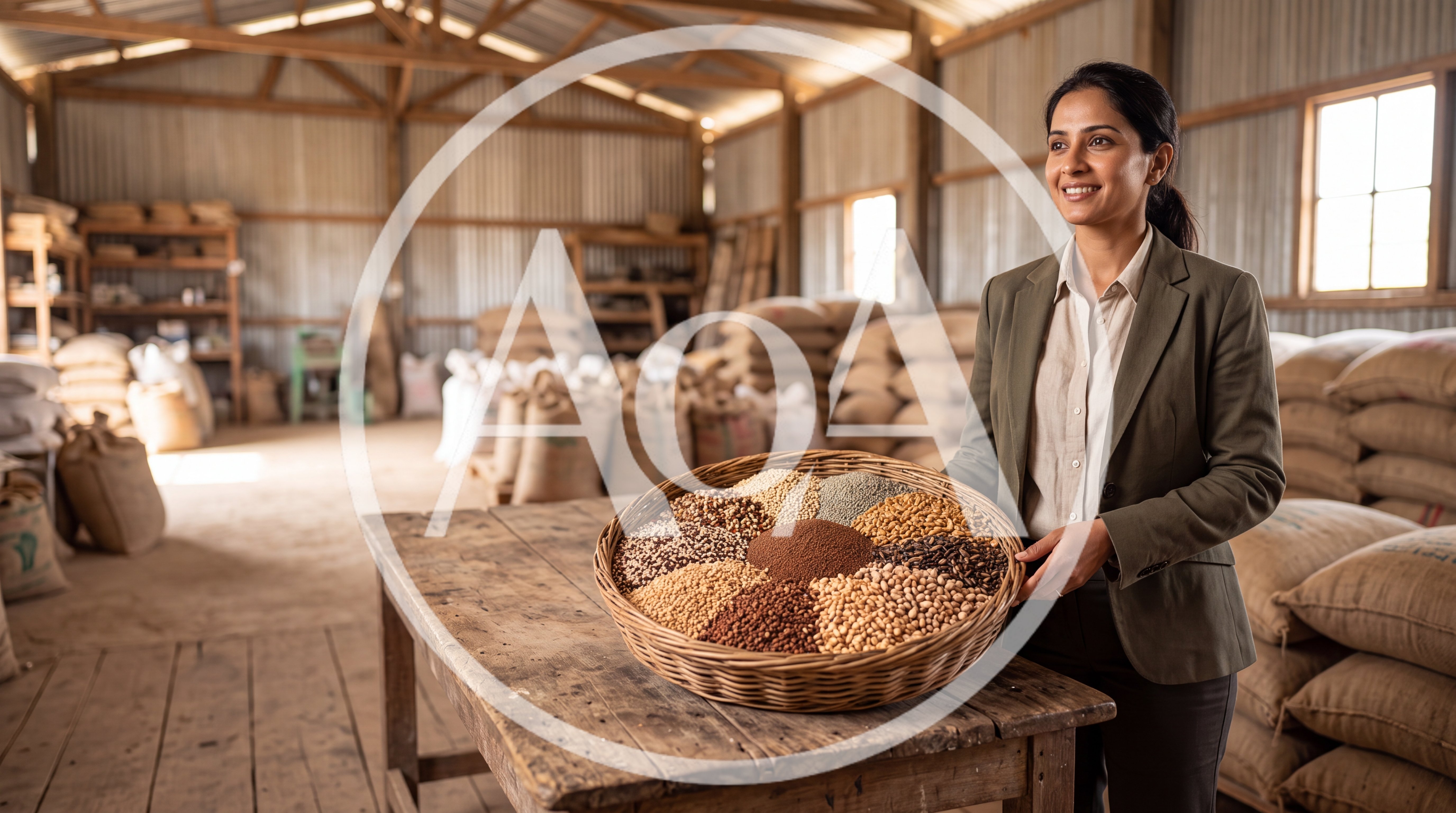 Businesswoman Presenting A Basket Of Assorted Grains