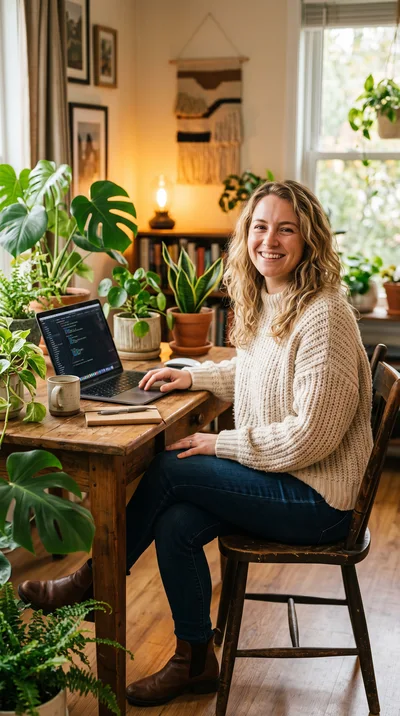 Young Woman Working On Laptop In Plant Filled Home Office
