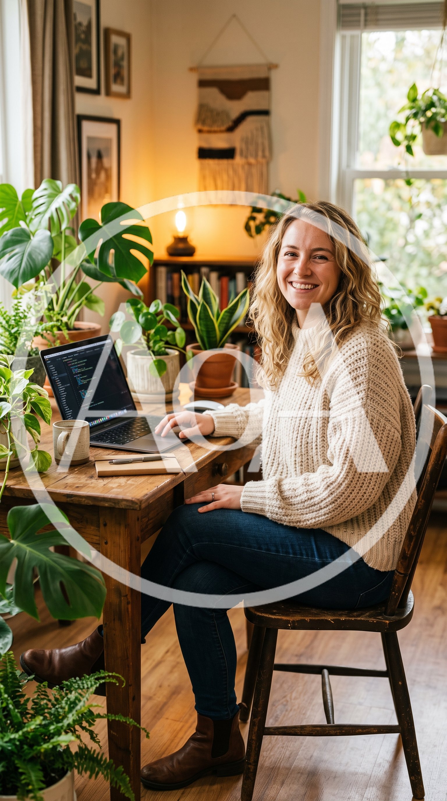 Young Woman Working On Laptop In Plant Filled Home Office