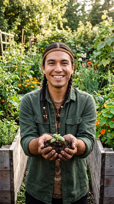 Indigenous Man Holding Seedling In Garden