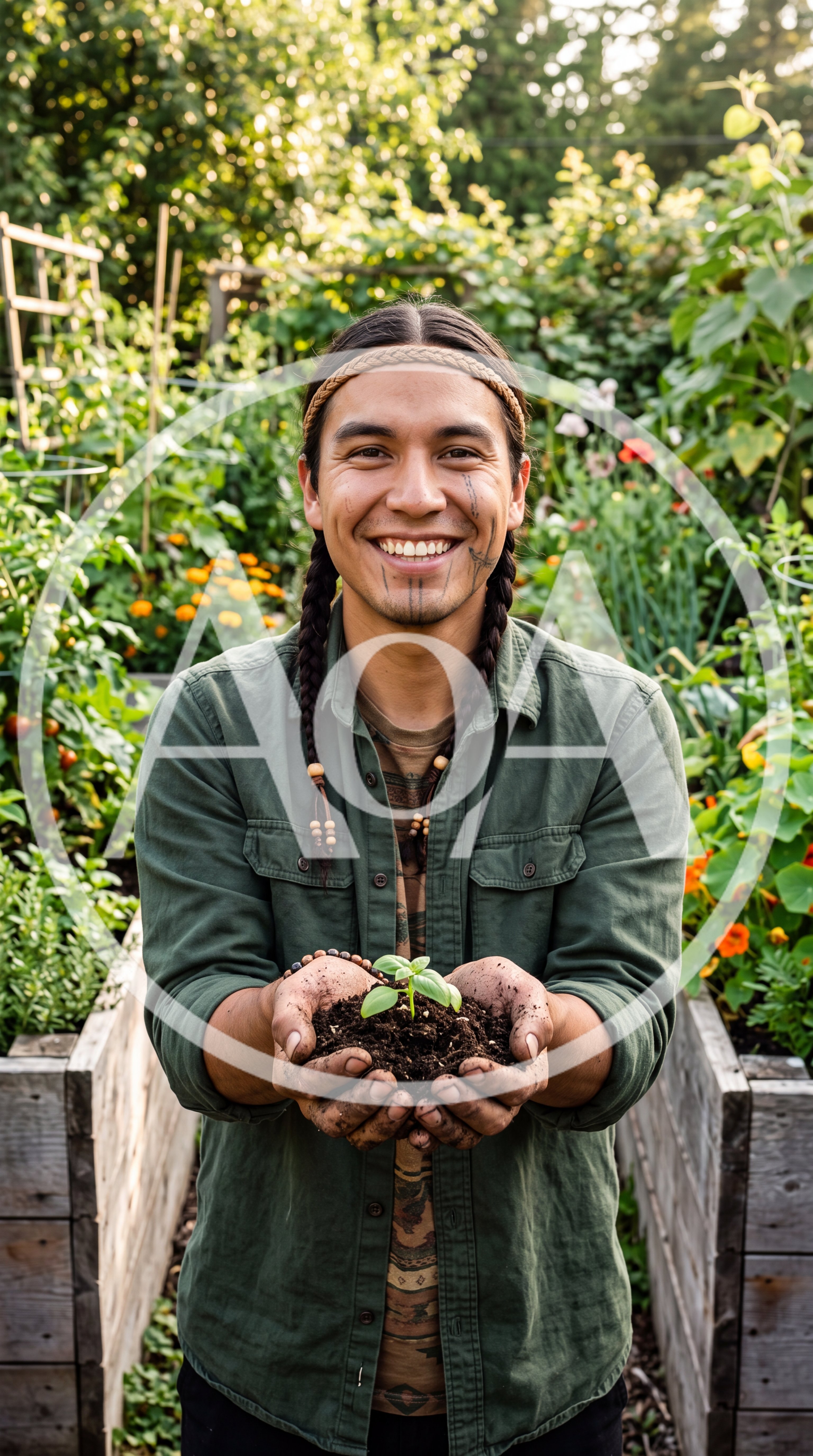 Indigenous Man Holding Seedling In Garden