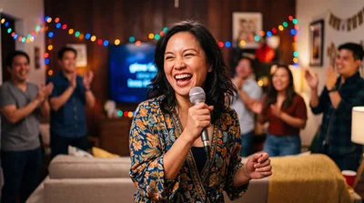Happy Woman Singing Karaoke With Friends At Home Party