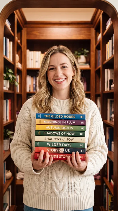 Smiling Woman Holding A Stack Of Books In A Library