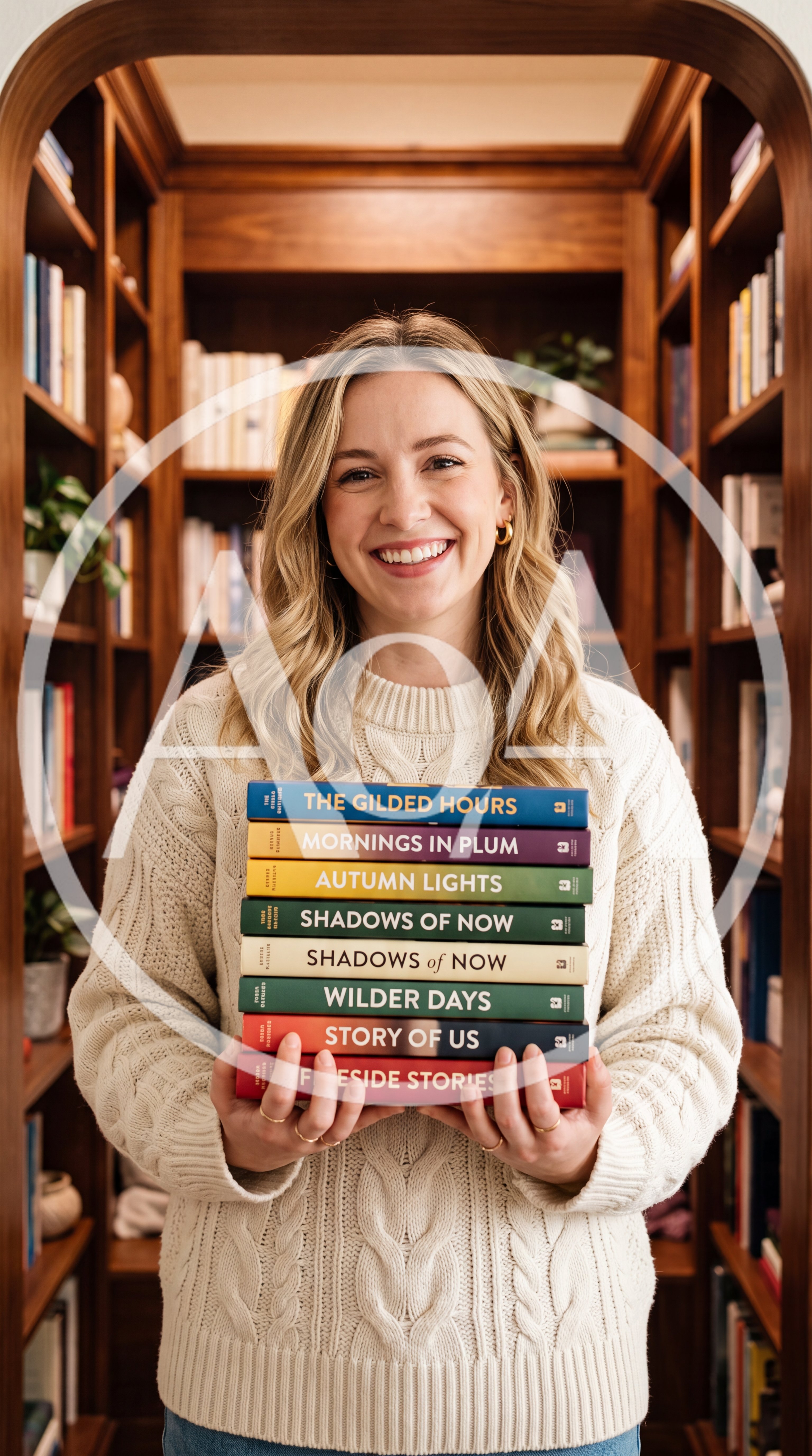 Smiling Woman Holding A Stack Of Books In A Library