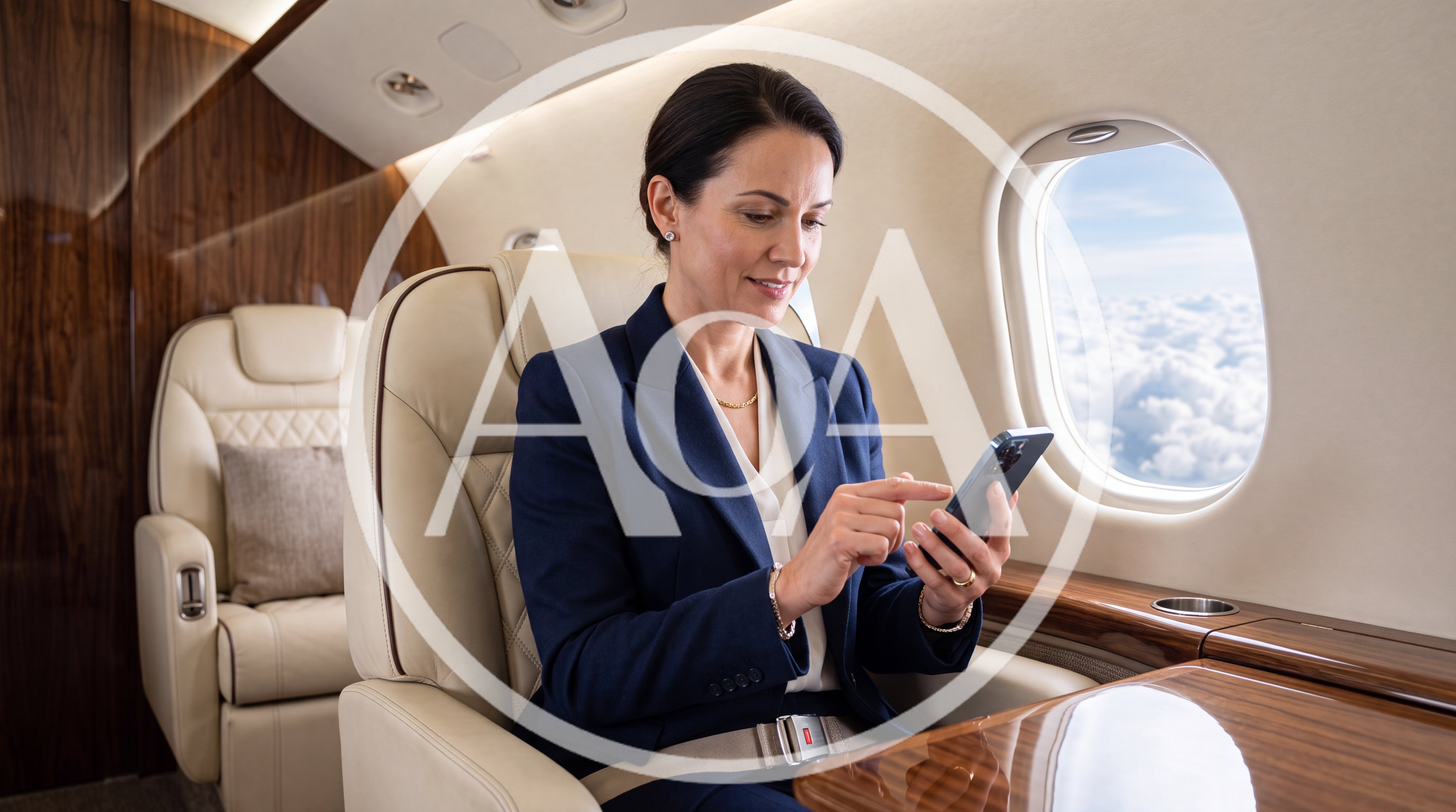 Businesswoman Using Smartphone On Private Jet