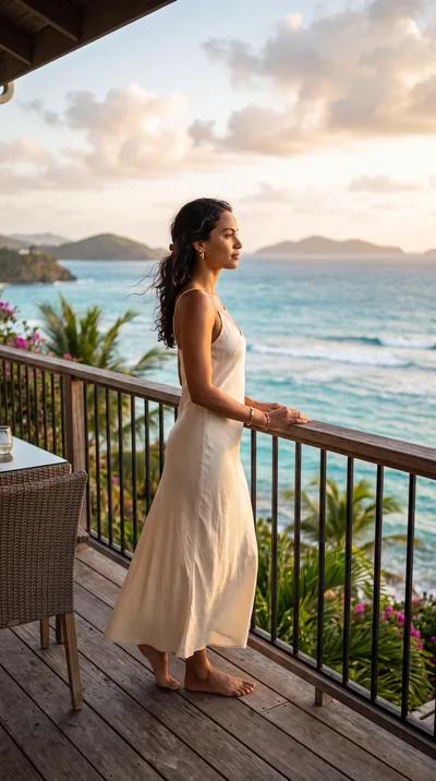 Woman Standing On Tropical Balcony Overlooking Ocean