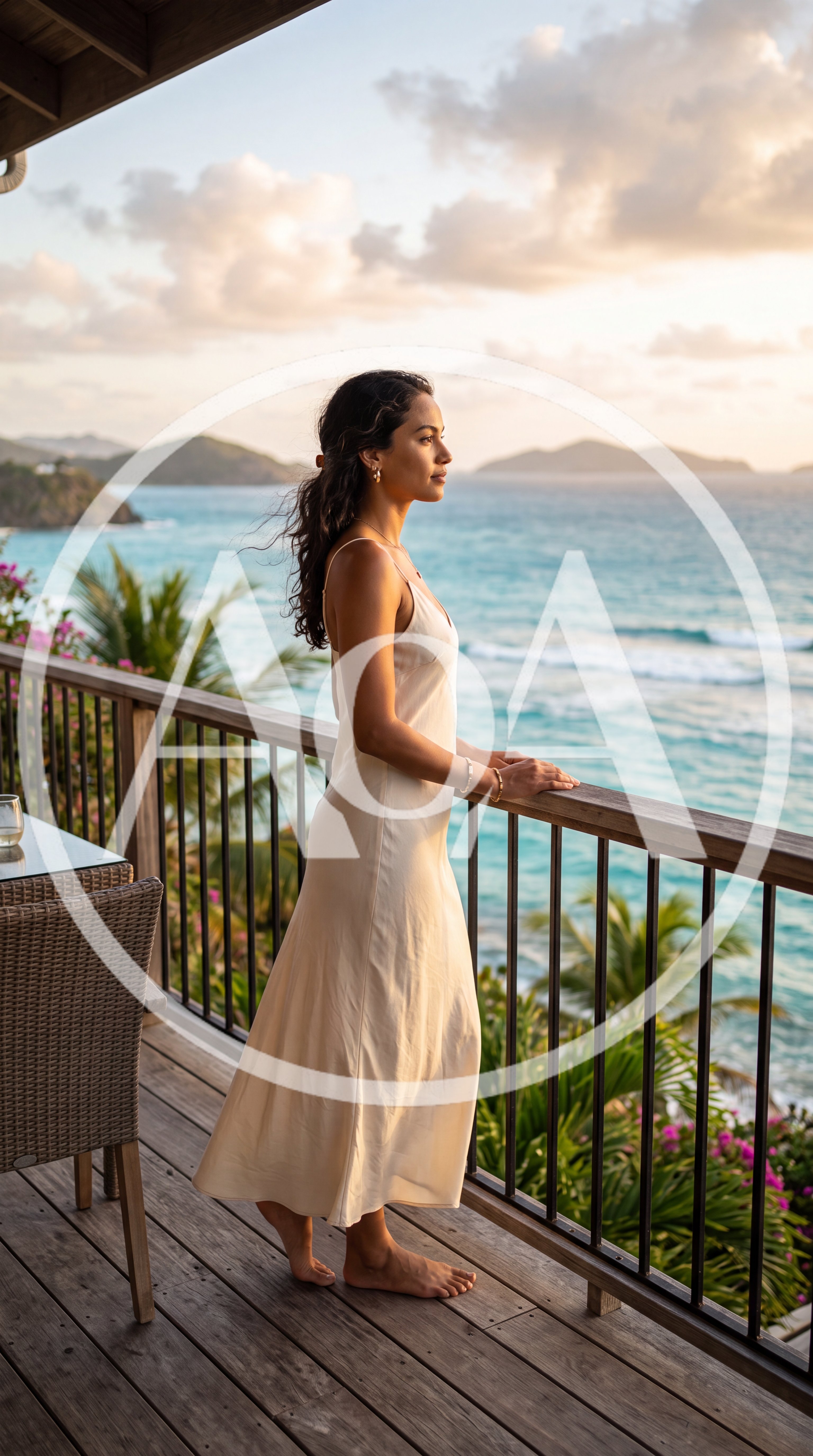 Woman Standing On Tropical Balcony Overlooking Ocean