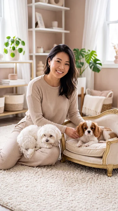 Asian Woman Sitting With Two Dogs In Living Room