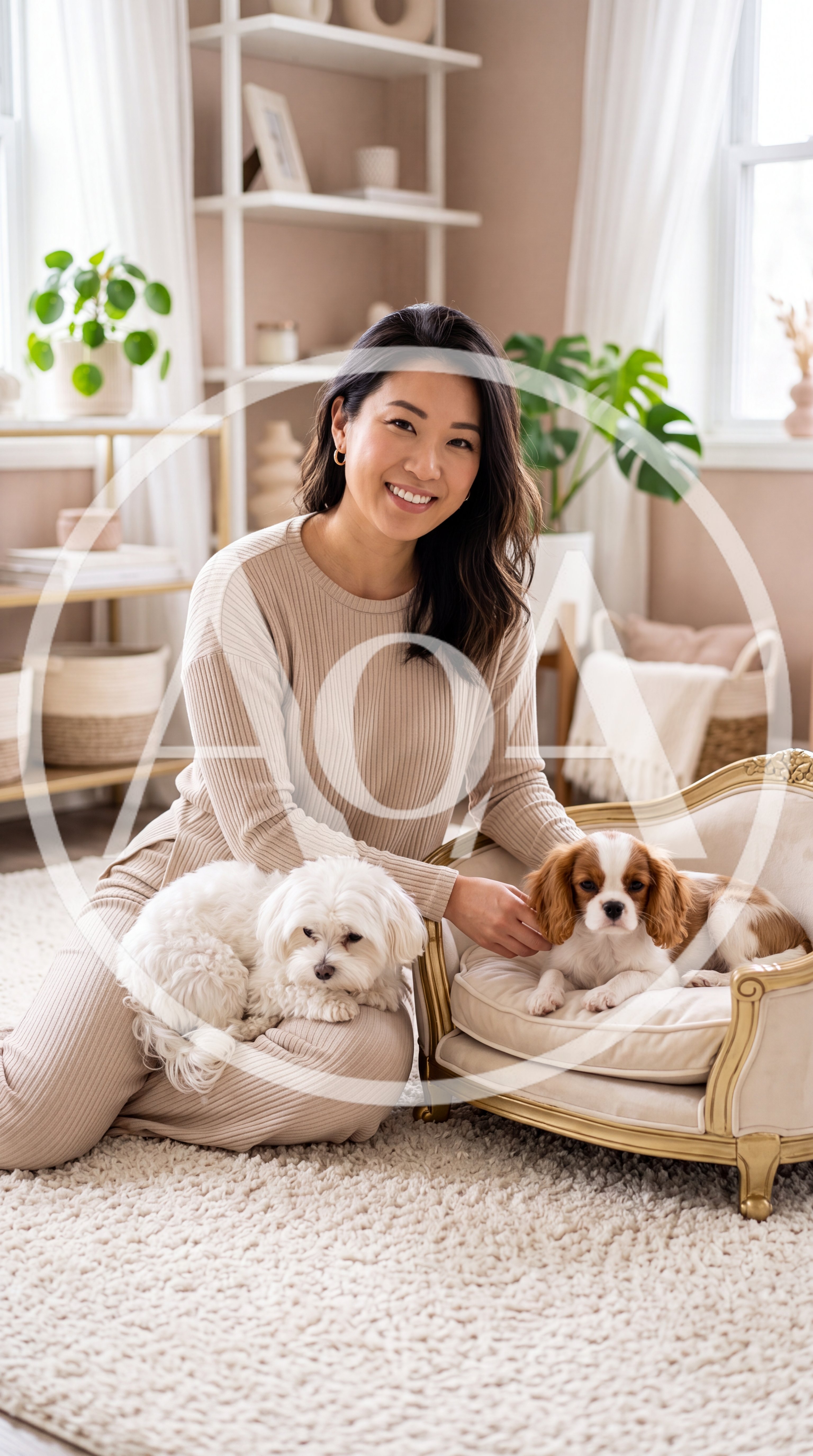 Asian Woman Sitting With Two Dogs In Living Room