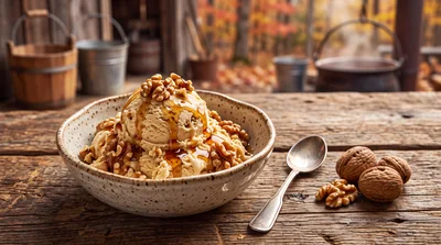Bowl Of Maple Walnut Ice Cream On Rustic Table