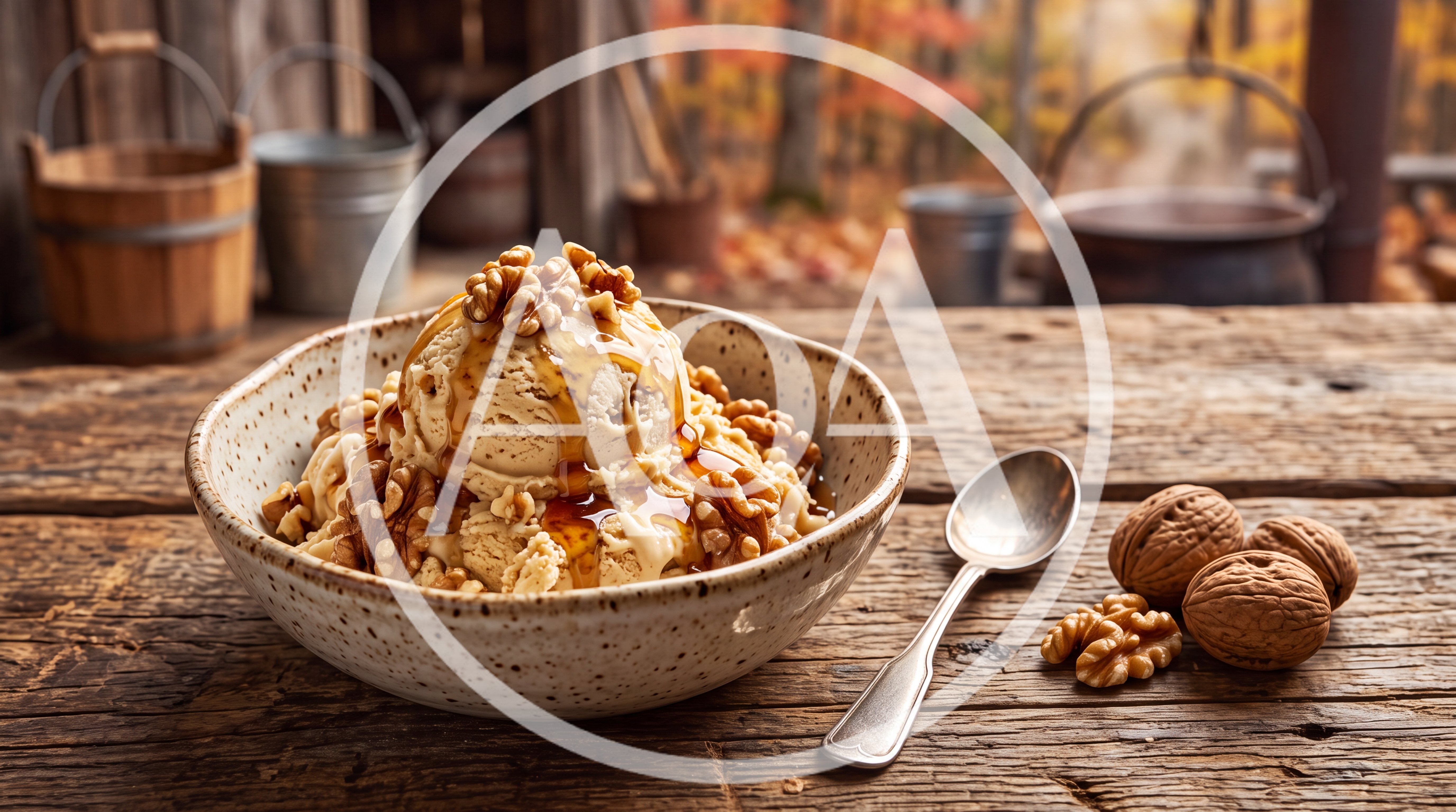 Bowl Of Maple Walnut Ice Cream On Rustic Table